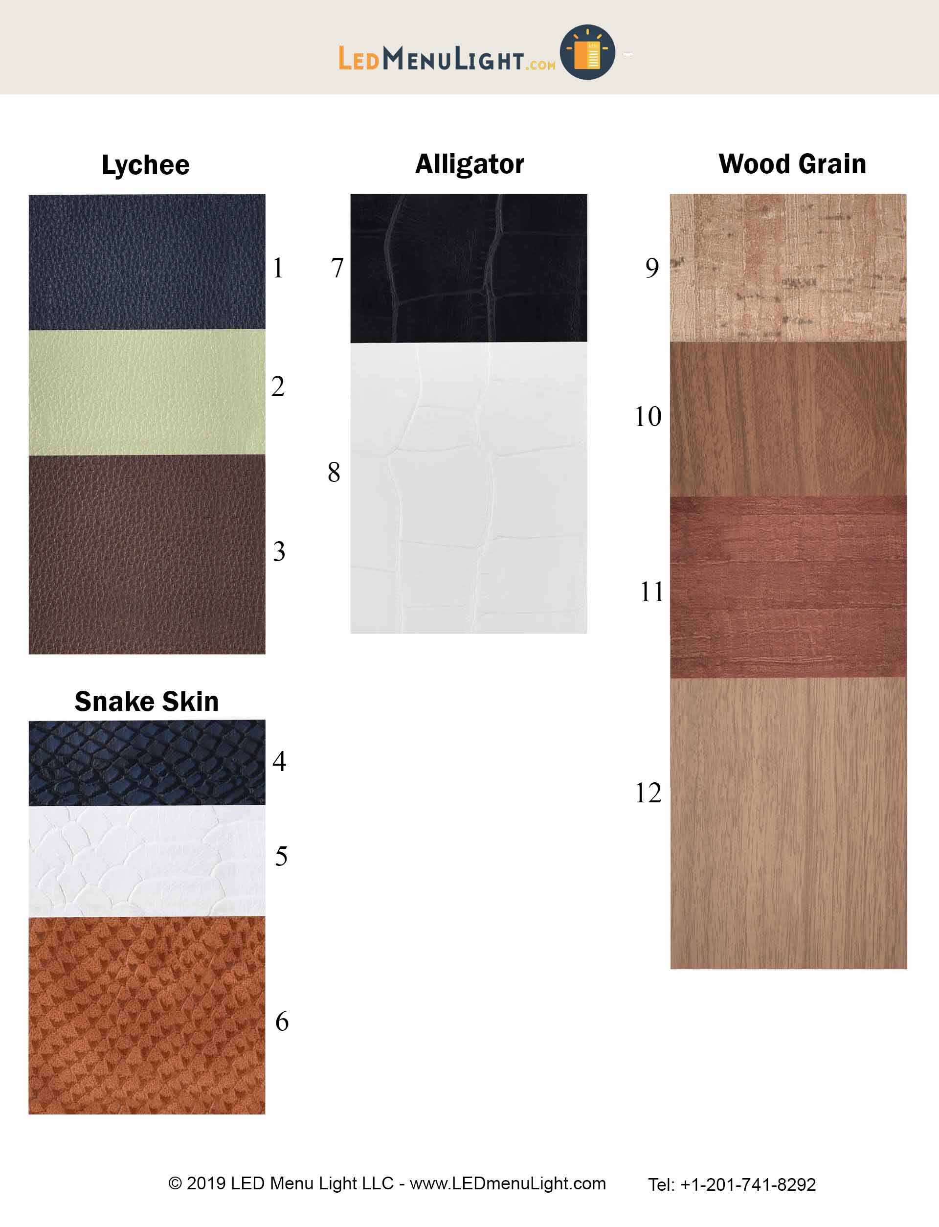 Color & Textures Swatches for sale - Lychee, Snakeskin, Alligator and Wood Grain Menu Cover Colors & Textures Selections Menu Cover Colors - LED Menu Light